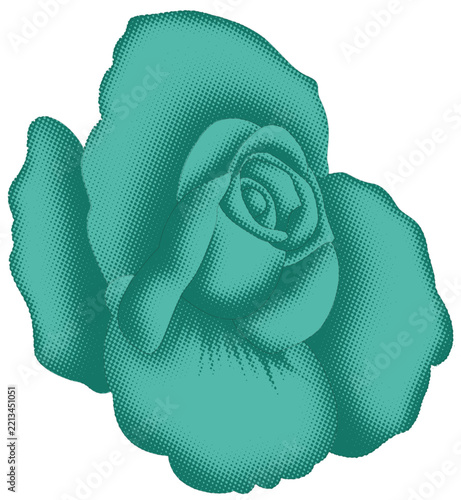 Turquoise Rose Botanical Illustration with Halftone Texture