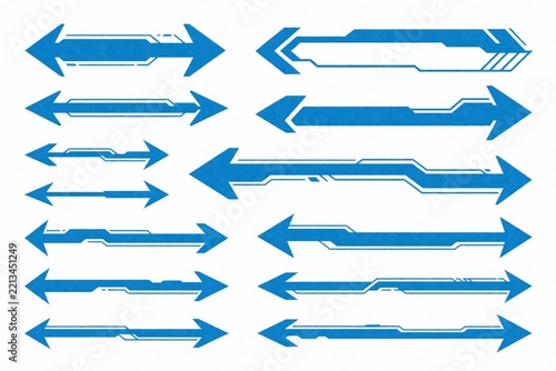 Set of futuristic blue sci-fi arrows. Modern digital directional signs feature tech design with sleek lines. Cyberpunk style HUD elements for UI UX interface. Geometric pointers help navigation in