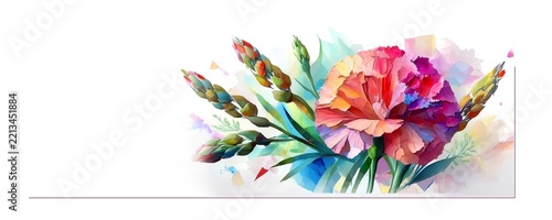 Artistic floral greeting card template with colorful flower painting and copy space on white background