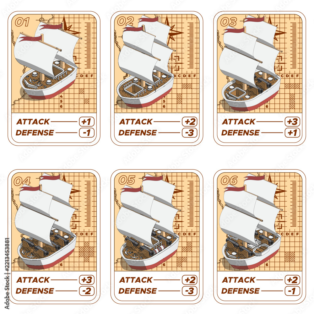 Fototapeta premium A set of cards from old ships for the game sea battle. Isometric. Isolated on white background. Vector illustration.