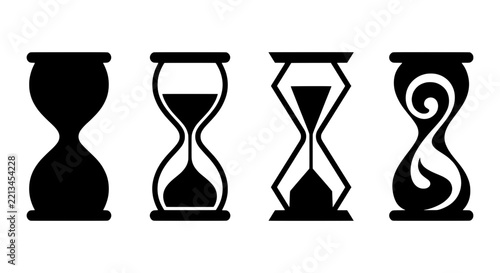 Minimalist hourglass vector icons, black sandglass symbols for time management design