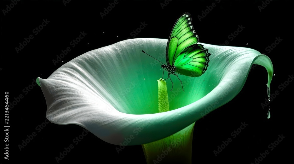 Fototapeta premium Green butterfly rests on a white calla lily