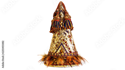 Obraz na plátně Isolated ornate ceremonial conical hat adorned with colorful tassels, gold sequi