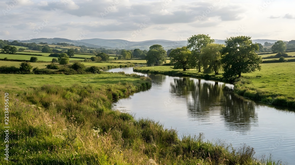 Obraz premium Calm river winding through green countryside with trees, meadows and hills