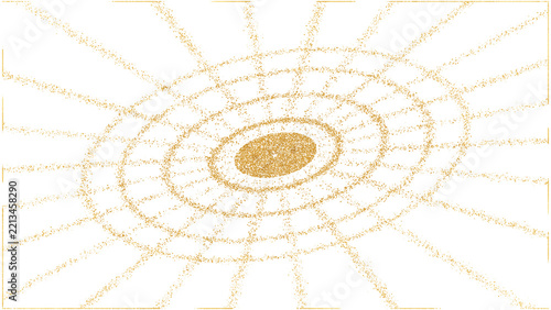 Golden Abstract Geometric Grid with Concentric Circles and Perspective Lines on White Background