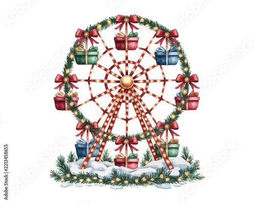 Watercolor Christmas Ferris Wheel Illustration, Winter Carnival Attraction, Vector Illustration Isolated on White Background