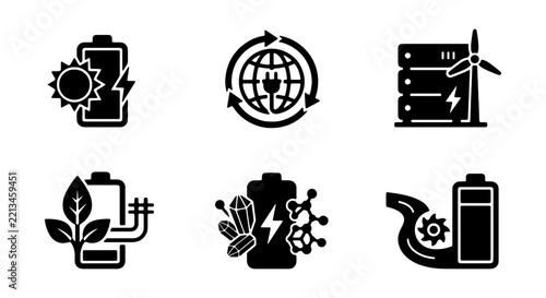 Renewable energy icons vector set, green technology and sustainable power symbols