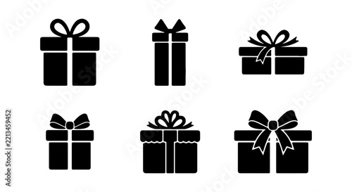 Minimalist gift box vector icons, black present symbols set for holiday design and commerce