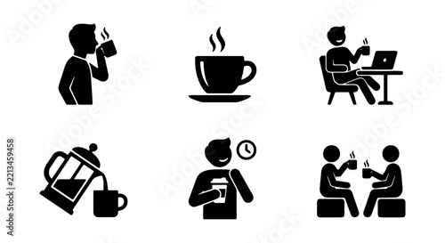 Coffee icons vector set, black silhouette symbols of people drinking hot beverages