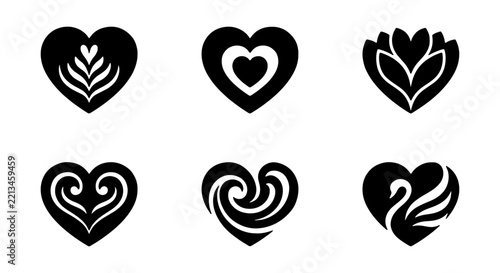 Latte art heart icons vector set, coffee shop symbols, black silhouettes for cafe design