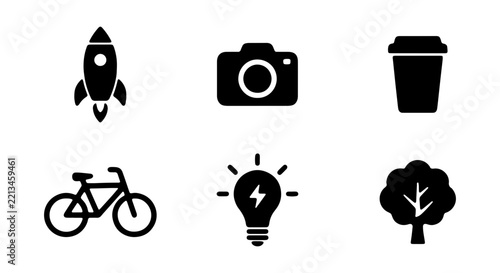 Minimalist vector icons set, black lifestyle symbols, modern graphic design elements for web