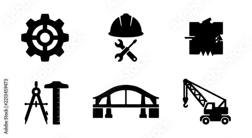 Construction icons vector set, black industry symbols, engineering and architecture design elements