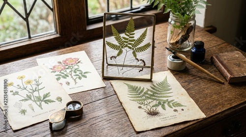 Botanical Illustrations & Fern Specimen on Vintage Desk
