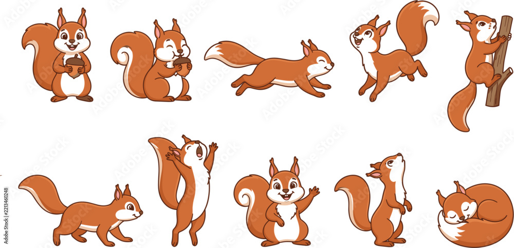 Fototapeta premium Cute squirrel cartoon characters set, funny wild animals posing vector illustration