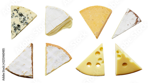 Isolated collection of various cheese wedges including blue, Brie, Swiss, and other delicious types