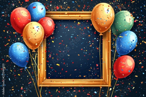 White blank paper with a golden frame, balloons, and confetti on a dark background for celebration or party design illustration, Generative AI