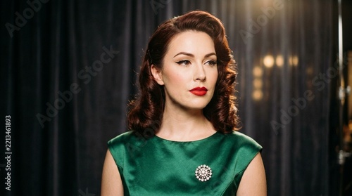 Elegant Woman in Green Dress with Vintage Hairstyle and Red Lipstick