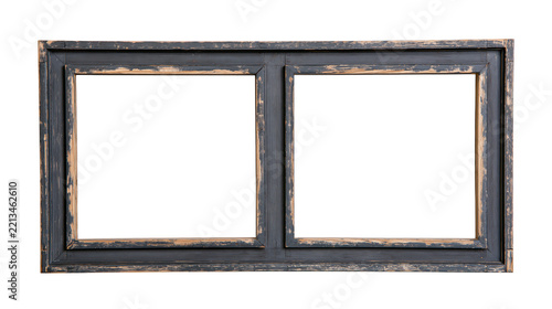 Isolated vintage rustic distressed black wooden window frame with two blank empty panes