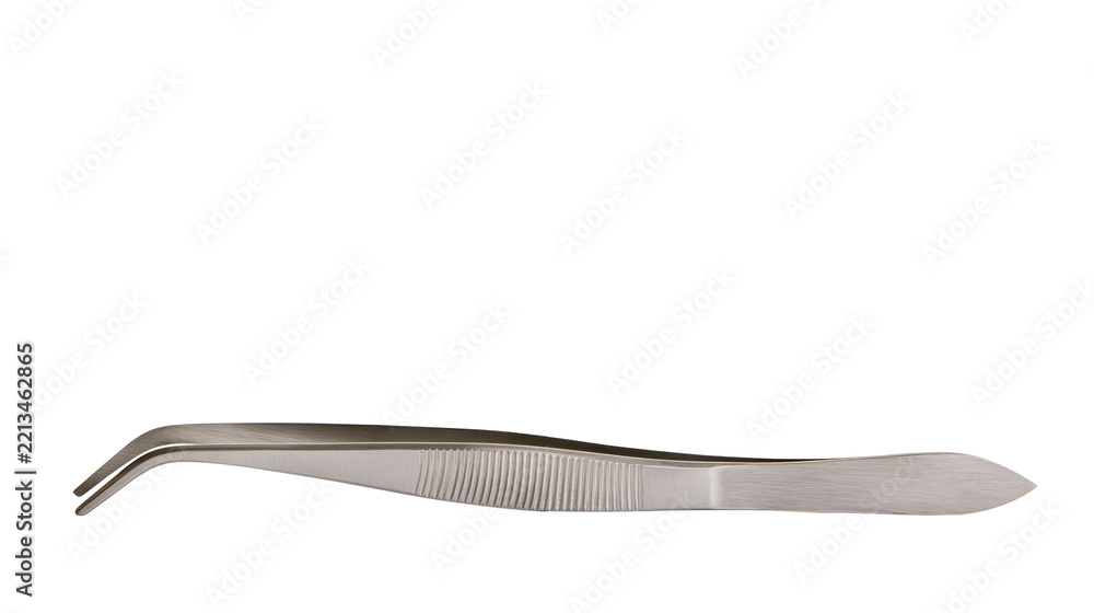 Fototapeta premium Isolated specialized stainless steel laboratory tweezers with curved tips for precise handling
