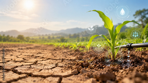 AI generated drought resistant young crop growing dry soil smart drip irrigation digital water conservation monitoring for sustainable climate resilient agriculture