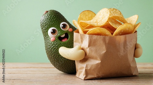 Cute cartoon avocado character holds large brown paper bag filled with potato chips. Funny green fruit snack lover smiles happily on wooden table. Adorable avocado mascot enjoys salty junk food