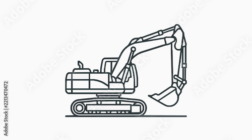 Heavy duty excavator with articulated arm and tracked base in clean line art