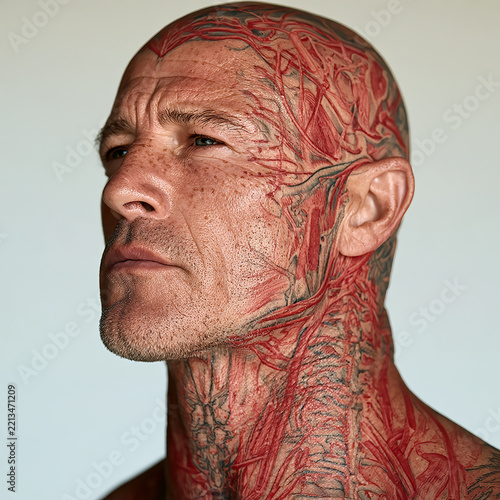 Close-up portrait of a mature man with an intricate detailed anatomy tattoo in red flowing across his scalp, face and neck, highlighting medical anatomical details.