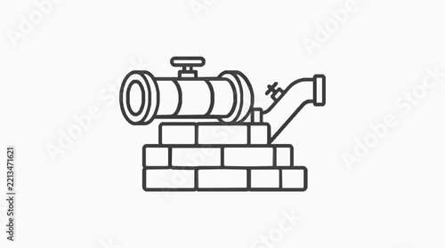 Industrial valve assembly mounted on brick foundation with piping connection