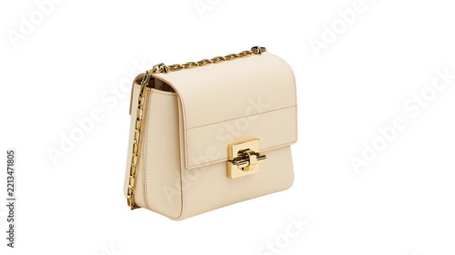 Isolated luxury beige leather shoulder bag with gold chain strap and stylish front clasp
