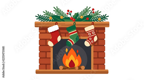 Cozy brick fireplace decorated with Christmas stockings and evergreen branches for the winter holidays.