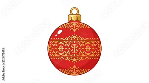 A festive red Christmas ornament with intricate gold filigree patterns isolated on white background.