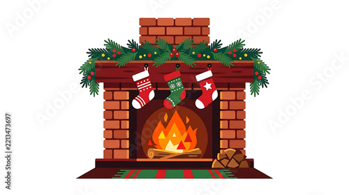 Cozy brick fireplace decorated with Christmas stockings and festive pine garland.