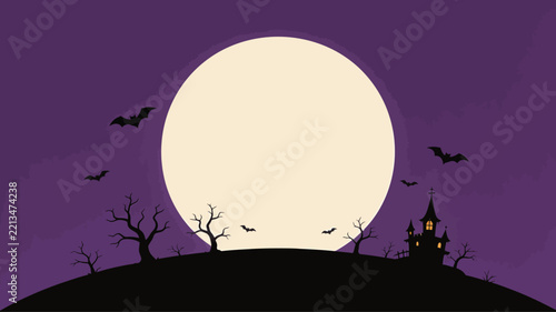 Halloween night background with full moon haunted castle silhouette and bats over dark hill under purple sky illustration