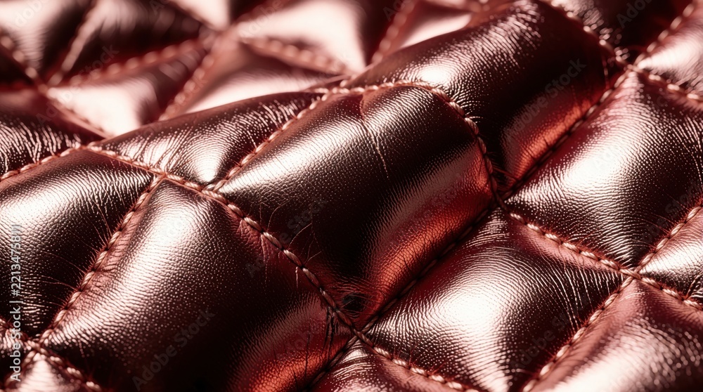 Fototapeta premium Close up of red rose gold leather texture. Quilted metallic fabric with diamond pattern. Shiny luxury material for fashion design, clothing upholstery. Soft padded textile surface shows detailed