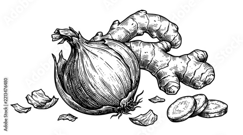  Vintage Onion and Ginger Herbal Ingredient Hand Drawn Sketch