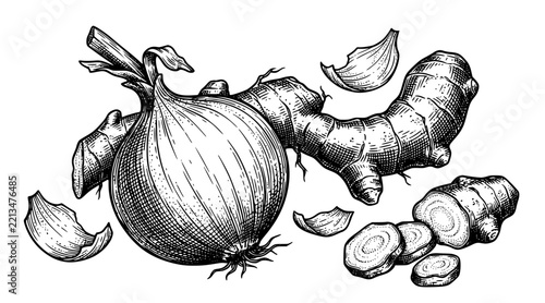 Vintage Onion and Ginger Herbal Ingredient Hand Drawn Sketch