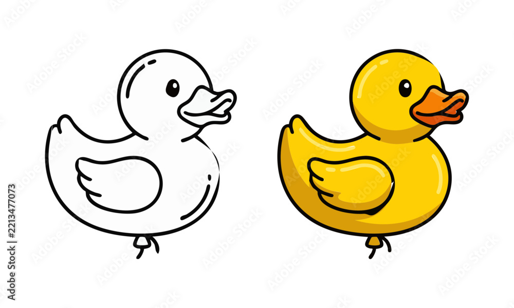 Fototapeta premium Cartoon yellow duck balloon coloring page and colored illustration.
