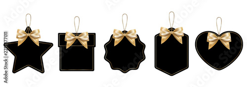 Luxury Black Price Tags Set With Gold Stitches and Silk Bows Isolated on Transparent Background PNG Clip Art