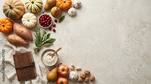 Arrangement of fresh pumpkins sweet potatoes cranberries and pears for a seasonal autumn recipe with vegetables pumpkins ingredients seasonal thanksgiving
