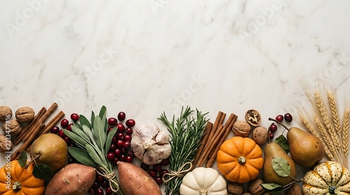 Fresh autumn harvest produce arrangement with pumpkins squash and spices on white marble vegetables thanksgiving cinnamon cranberries seasonal ingredients