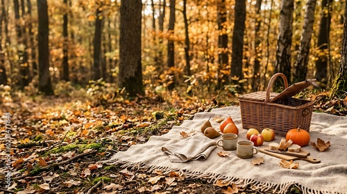 Picnic basket with food on a blanket in a sunny autumn forest with golden trees seasonal lifestyle landscape woodland relaxing adventure tablecloth vacation