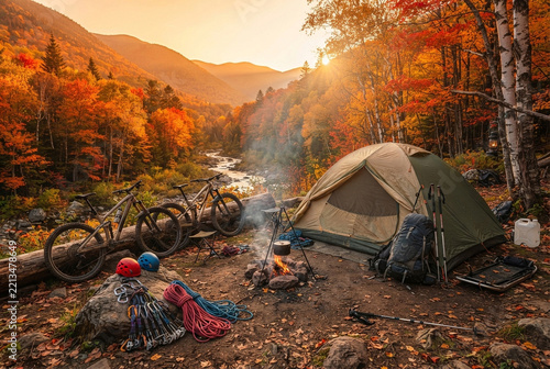 Tent and bicycles at campsite in autumn forest during sunset.