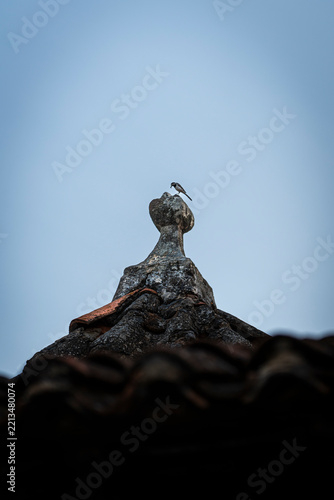 Stone roof finial against a pale blue sky vertical