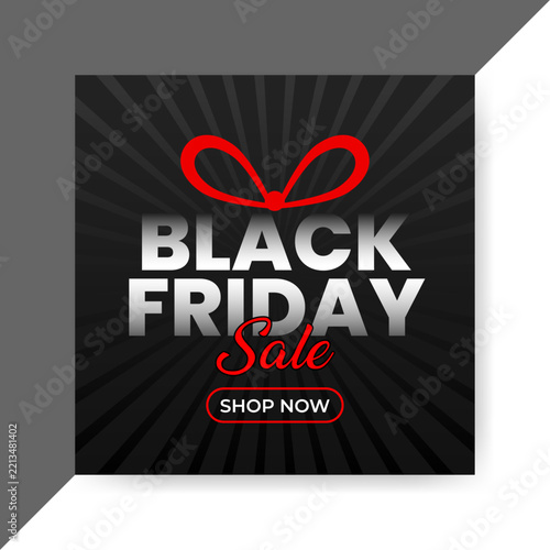 Black Friday sale banner with red ribbon and shop now button on black background