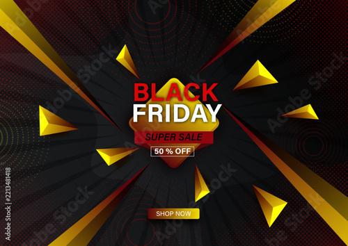 Black Friday super sale banner with gold accents and radial burst design on dark background