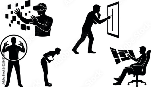 Silhouettes depicting virtual reality digital interaction and modern technology usage on a white background silhouette