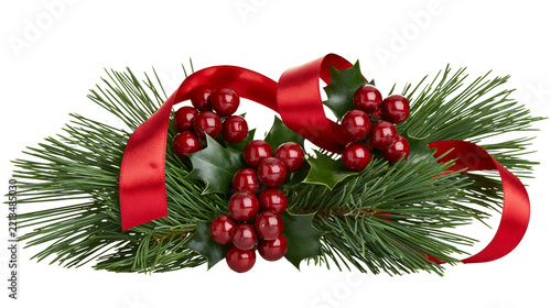 Isolated classic Christmas arrangement featuring red holly berries, pine needles, and ribbon