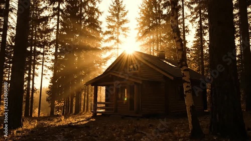Cozy wooden cabin in a peaceful forest at golden sunrise, surrounded by tall trees and autumn foliage, creating a warm rustic atmosphere for nature, travel, retreat, and outdoor concepts.