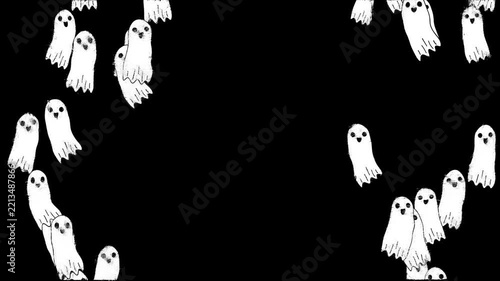 Cartoon doodle creepy ghosts fly. Ghost fly transition with hand drawn scrible scratches. Isolated Halloween elements. Happy halloween. Flock of flying ghost. 2d animation. Scary 4k stock footage.