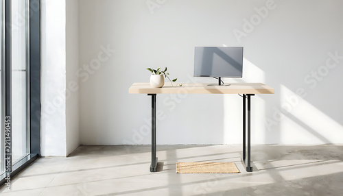 Wide View of Minimal Standing Desk by Tall Window in Empty Room